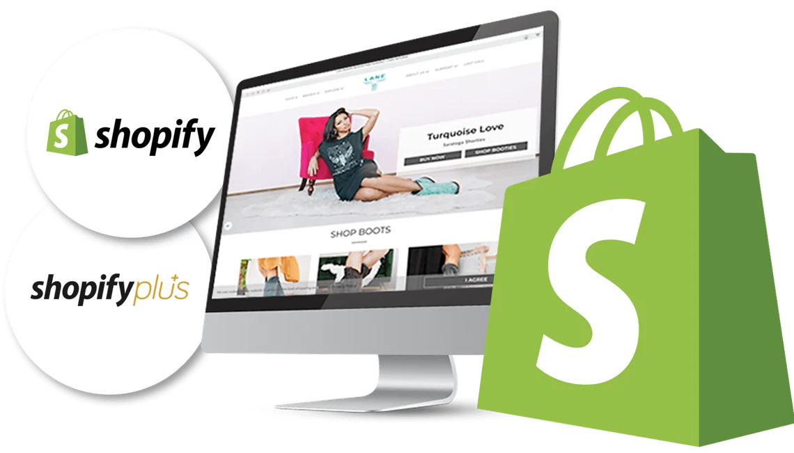 Shopify storefront mockup with Shopify and Shopify Plus badges